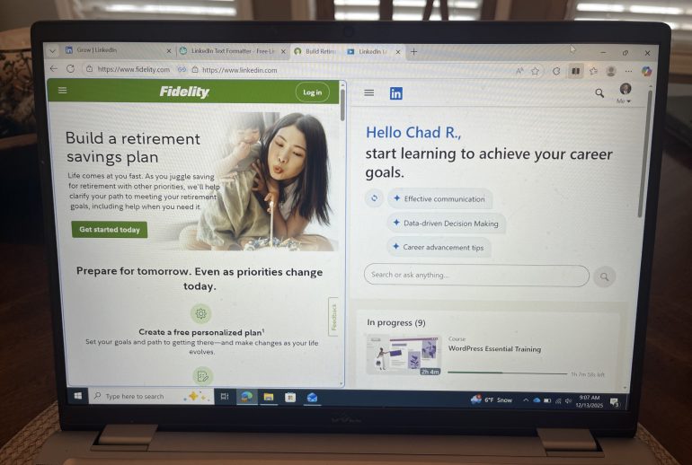 A laptop screen displaying a Fidelity retirement planning webpage alongside LinkedIn Learning, highlighting career development and financial planning tools open at the same time.